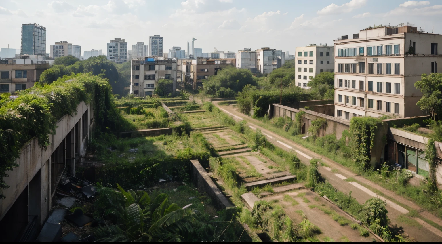 one half is a city overgrown with plants and the other side is an abandoned city, which is devastated. Im gesamten sind keine Menschen zu sehen. Der Blick ist mehr von oben auf die Stadt jedoch von einer seitlichen Perspektive.