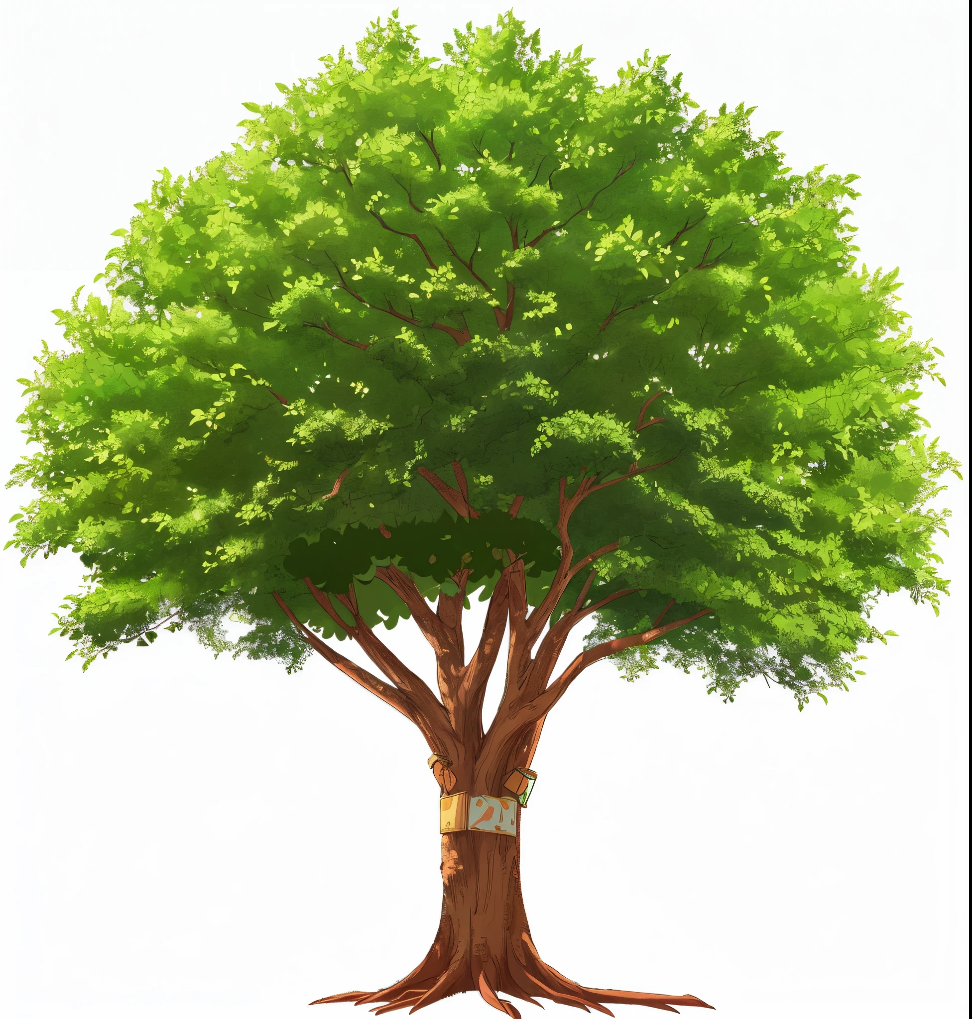 there is a tree with a trunk of PERFECT green leaves, a beautiful tree, Anime 2D , FOLHAS PERFEITAS