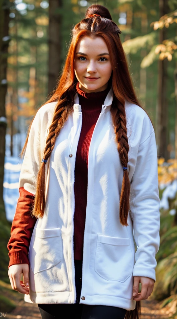 RAW, professional photograph, medium shot, photorealistic, realistic lights, realistic shadows, hyper-realistic, ray tracing, super detail, UHD, 8k, female, twenty years old, athletic body, soft facial features, long braided hair, viking hairstyle, straight hair, crimson hair, crimson eyes, viking clothing, forest in winter