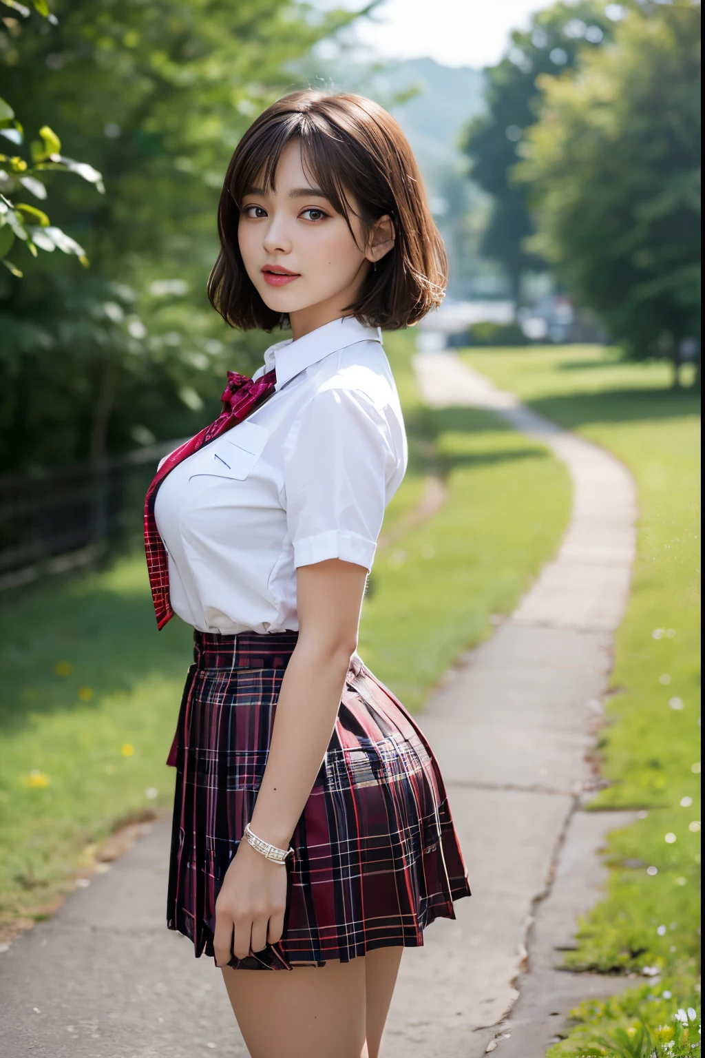 nsfw, 8K raw photo, Best quality, masterpiece, ultra high res, film grain, filmg, 1girl, looking at viewer, natural skin texture, realistic eye and face details, full lips, lipstick, (makeup), red eyeshadow, fluffy short hair, messy hair, smile, close mouth, beautiful legs, tall female, skinny, slim_legs, solo, enormous breast, cleavage, Pose with buttocks facing you, ultra short skirt, ass, shirt, beautiful nature location, around flower location, (detailed background), plaid skirt, white wet shirt, enormous breast, cleavage, Show a little cleavage through the shirt, loafers, blurry background, blurry, holding, plaid, short sleeves, jk ribbon on the neck, jk ribbon, brown hair, bracelet, water, bangs, school uniform, jewelry, parted lips, lips, from side, pleated skirt, depth of field