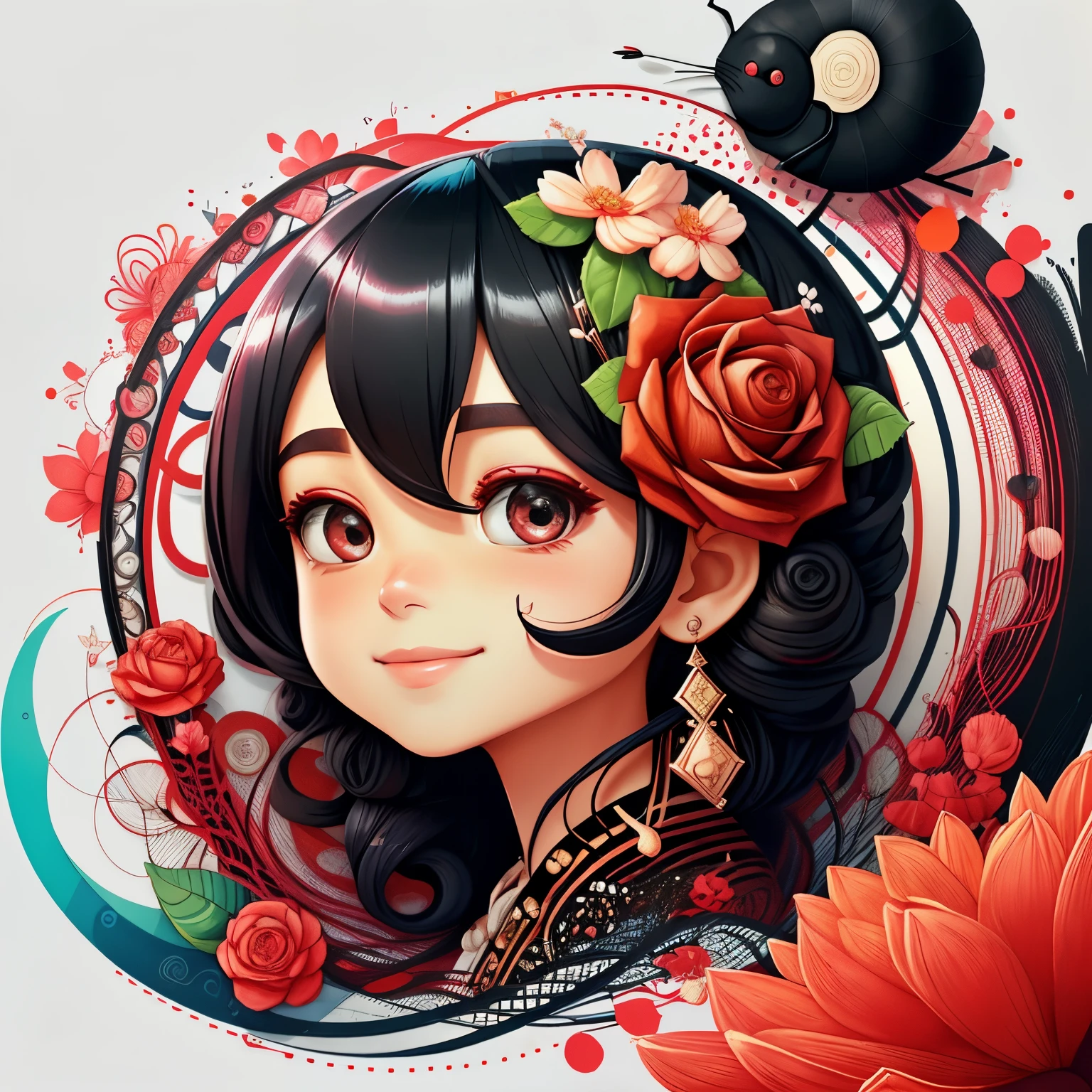 (cute black snail smiling with flowers) stylized identical to 1940 |)), acolchoamento ,multidimensional geometric wall PORTRAIT, arte, Chibi,
Yang016K, lindo,(( cor vermelha predominante, rosa e branco))
Primary works, qualidade superior, melhor qualidade, Arte Oficial, Lindo e Estetaduardo Kobra acolchoamento ,multidimensional geometric wall PORTRAIT, arte, Chibo,detalhes