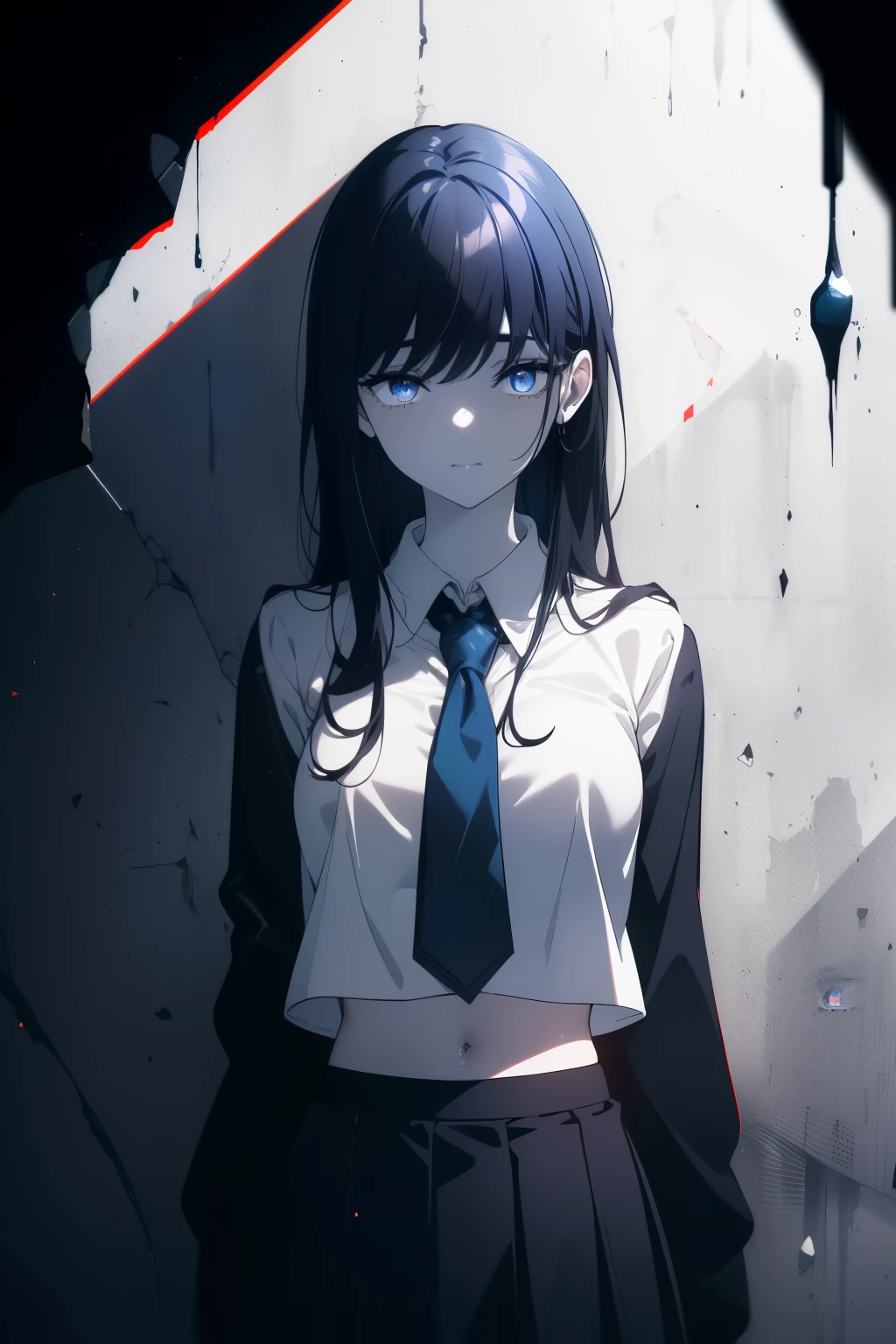 (Obra maestra, La mejor calidad, ultrahigh resolution), 1girl, standing, school uniform, white office shirt, black pleated skirt, ((pitch black, pitch black hair:0.7), long hair cut, pale skin, ((blue eyes)), glowing_eyes, neon eyes, (ultra detailed eyes, beautiful and detailed face, detailed eyes:0.9), ((centered)), smile, ((wide shot)), facing viewer, eye level, (black background, embers, fire), flat chested, looking at viewer, ((half closed eyes)), ((perfect hands)), (((head, arms, hips, elbows, in view))), ((hands behind back)), empty eyes, beautiful lighting, background, defined subject, 25 years old, perfect anatomy, perfect body, (professional photography), (((Dramatic)))