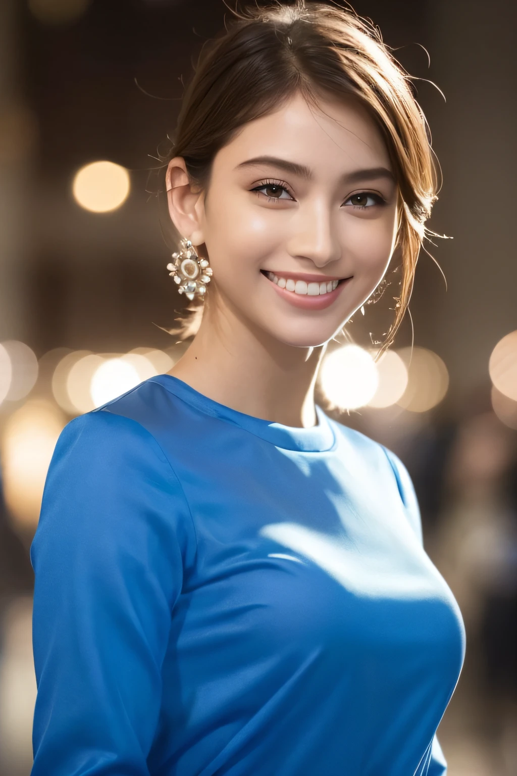 1girl in,(Wearing a blue blouse:1.2),(Raw photo, Best Quality), (Realistic, Photorealsitic:1.4), masutepiece, extremely delicate and beautiful, Extremely detailed, 2k wallpaper, amazing, finely detail, the Extremely Detailed CG Unity 8K Wallpapers, Ultra-detailed, hight resolution, Soft light, Beautiful detailed girl, extremely detailed eye and face, beautiful detailed nose, Beautiful detailed eyes,Cinematic lighting,city light at night,Perfect Anatomy,Slender body,Smiling