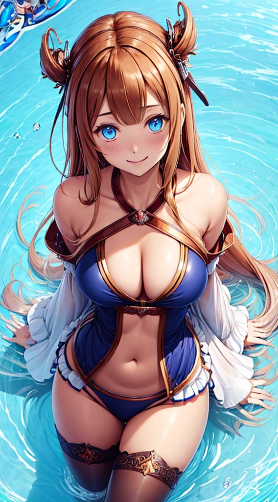 1girl in, animesque, Bethel, Blue eyes, Moist eyes, bbw, large full breasts, Long hair, brown haired, Hair over one eye, Bangs, One ear is visible, Attractive swimwear, Big shirt, Solo, Unbuttoned shirt, cleavage of the breast, beautifull hands, perfect hands with no flaws, White shirt, bending forward,directly in front, Emphasize the chest with arms, Smile, (masutepiece), (Best Quality), (ultra-detailliert), realistic background,