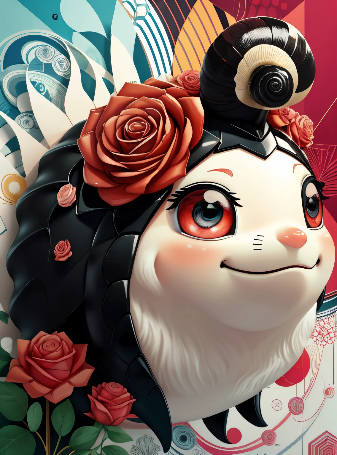 (cute black snail smiling with flowers) stylized identical to 1940 |)), acolchoamento ,multidimensional geometric wall PORTRAIT, arte, Chibi,
Yang016K, lindo,(( cor vermelha predominante, rosa e branco))
Primary works, qualidade superior, melhor qualidade, Arte Oficial, Lindo e Estetaduardo Kobra acolchoamento ,multidimensional geometric wall PORTRAIT, arte, Chibo,detalhes