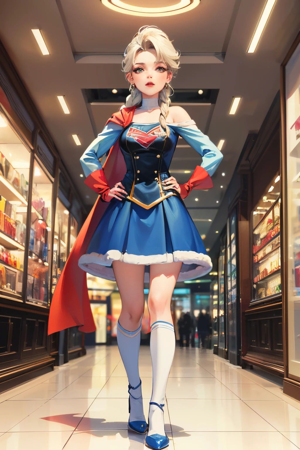 ((best quality)), ((Meisterwerk)), (Detailliert), Perfektes Gesicht,
Elsa, more mature, wide shot, wearing super girl outfit, standing in a mall, 3D Disney cgi style, full color, high res, ultrasharp, 8K, masterpiece, looking at viewer