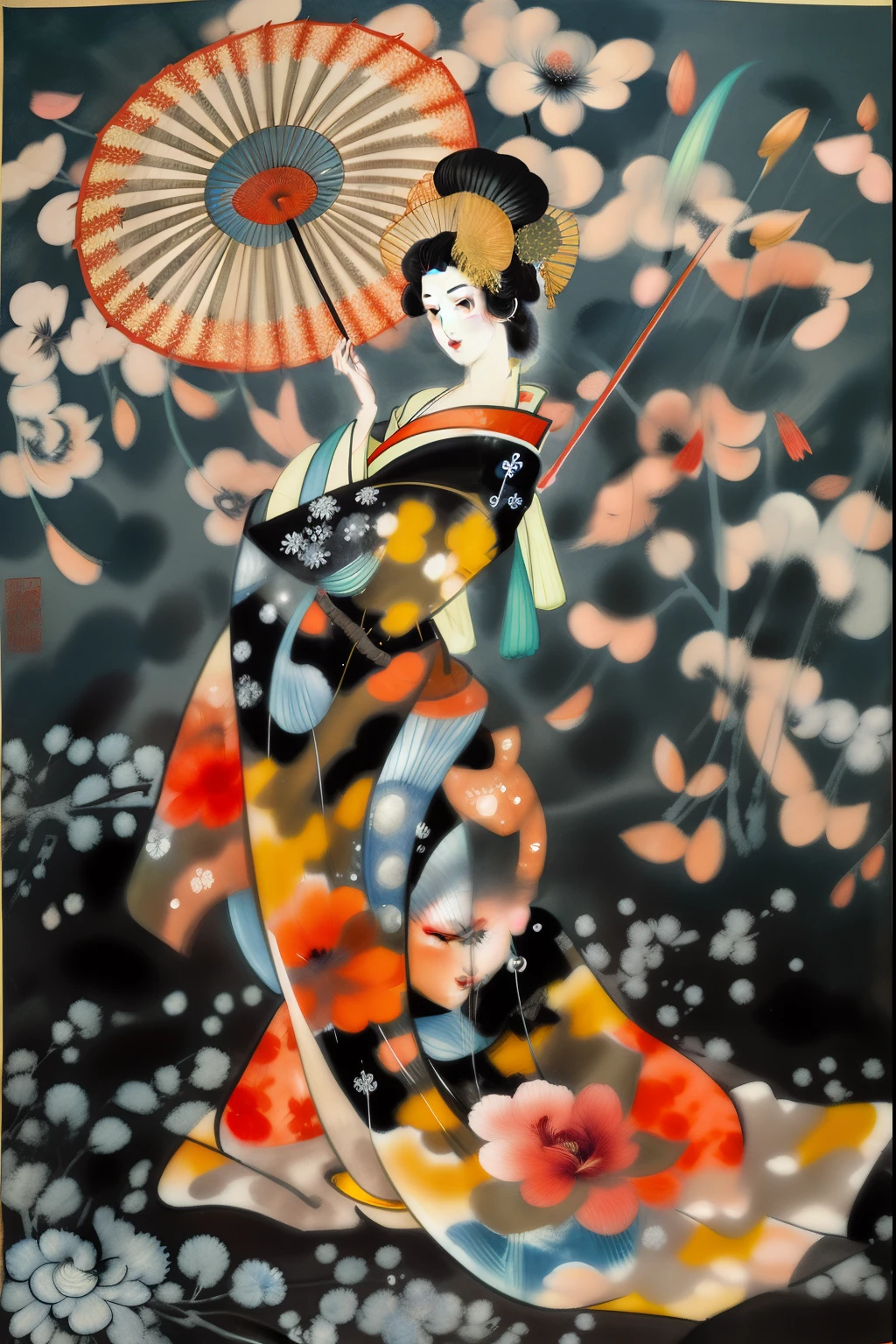 mulher arafa em um vestido quimono segurando um guarda-chuva, Gueixa primeira bailarina, Arte tradicional japonesa, Arte Japonesa, inspirado em Matsuno Chikanobu, Arte japonesa, japanese art style, gueixa japonesa, inspirado em Toyohara Chikanobu, by Kanō Tan'yū, inspirado em Utagawa Kunisada III