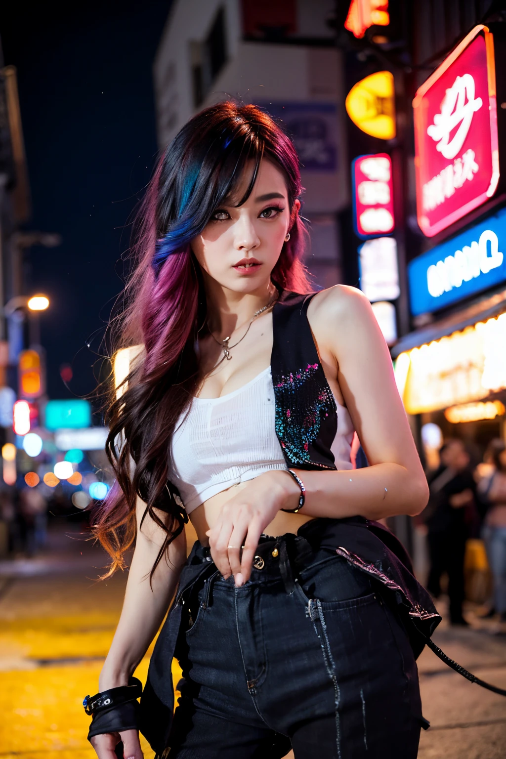 1girl, cabelo criativo, rainbow hair, ruas da cidade, olho de peixe, neon cold lighting, cyberpunk, blush, tiro da cintura, detalhes detalhados do rosto, dinamic pose, luzes de neon