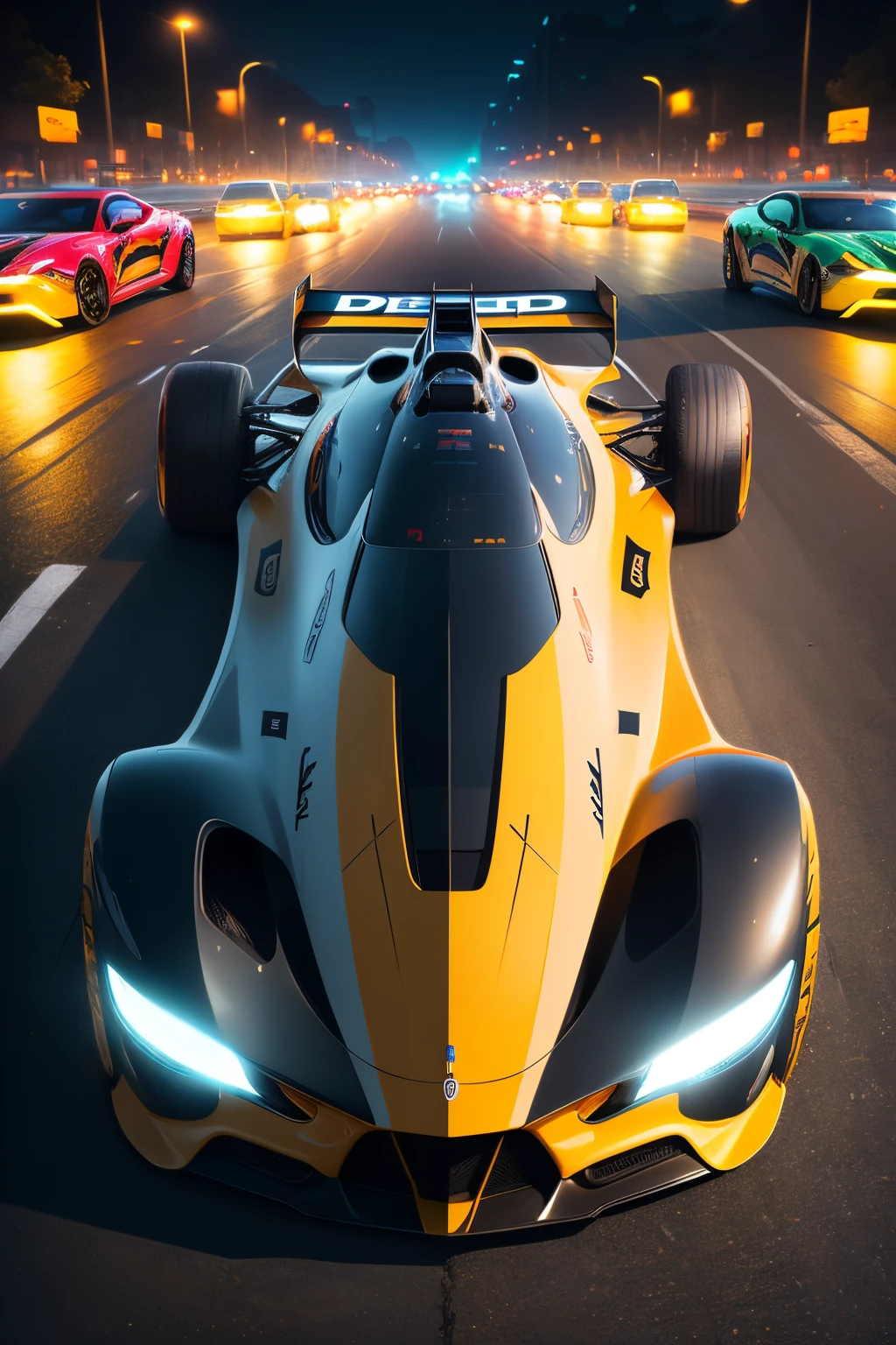 A futuristic hi-tech Super Car inspired by Diesel Batmobile, Retro-inspired Super Car, symmetrical,Street racing, wide body kit, modified car, racing livery, masterpiece, best quality, realistic, ultra highres, (((depth of field))), (full dual colour neon lights:1.2), (hard dual colour lighting:1.4), (detailed background), (masterpiece:1.2), (ultra detailed), (best quality), intricate, comprehensive cinematic, magical photography, (gradients), detailed landscape, A futuristic hi-tech Car inspired by, race car, street racing-inspired,Drifting inspired, LED, ((Twin headlights)), (Black racing wheels)