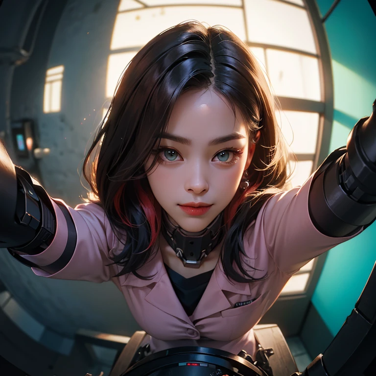 ( Masterpiece, best quality, cinematic lighting, backlit, side light, soft light, 24mm lens, fisheye:1.2 ), (( high angle shot overhead pov )), ( cyberpunk night street:1.2, extending hand towards abover her head pov overhead, looking at viewer), ryujin, narrow face, strong jaw, plump cheeks, cybernetic arm, dark hair with red highlights, thug smile, turquoise eyes, wearing drip ootd