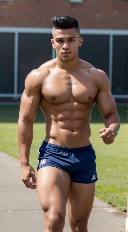 Un chico guapo de 20 años, pelirrojo con pecas y que usa gafas que es poseerdor de una musculatura divina donde los musculos de todo su cuerpo son enormes.
Esta bien afeitado de cara sin barba.
Los musculos de su piernas y muslos son mas grande que los de sus torsos y estas llevan puestas unas medias de futbol color blanco extra largas que las tiene hasta arriba de los muslos 
Lleva unas medias blancas de futbol extra largas que las lleva estiradas hasta arriba de las rodillas 