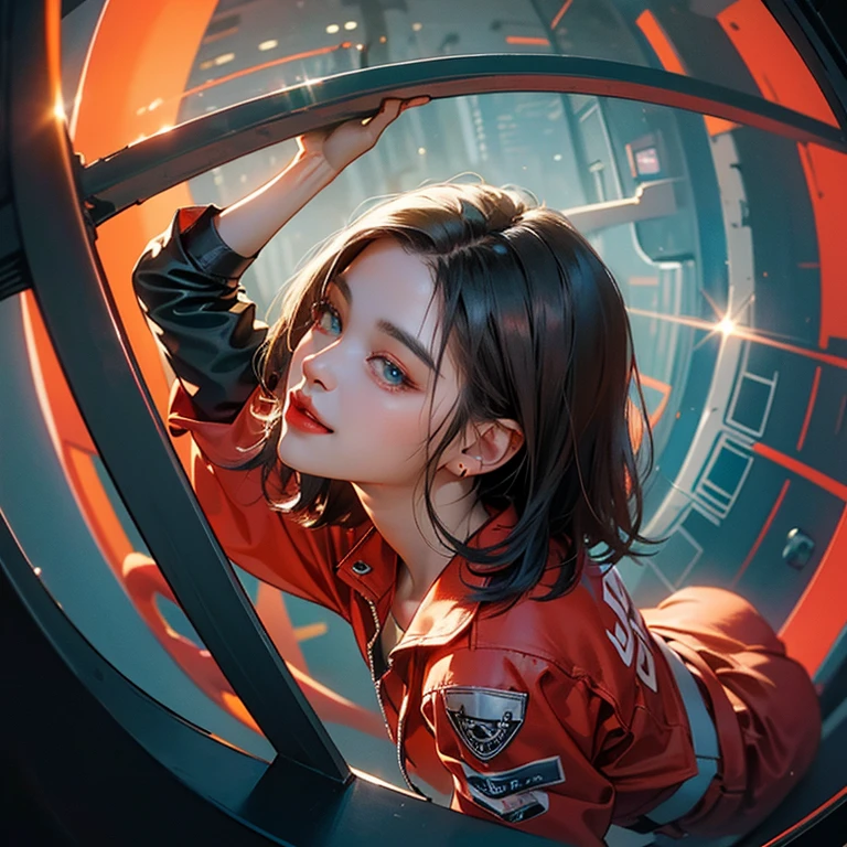( Masterpiece, best quality, cinematic lighting, backlit, side light, soft light, 35mm lens, fisheye:1.2 ), (( high angle shot overhead pov )), ( cyberpunk night street:1.2, extending hand towards abover her head pov overhead, looking at viewer), ryujin, narrow face, strong jaw, plump cheeks, cybernetic arm, dark hair with red highlights, thug smile, turquoise eyes, wearing drip ootd