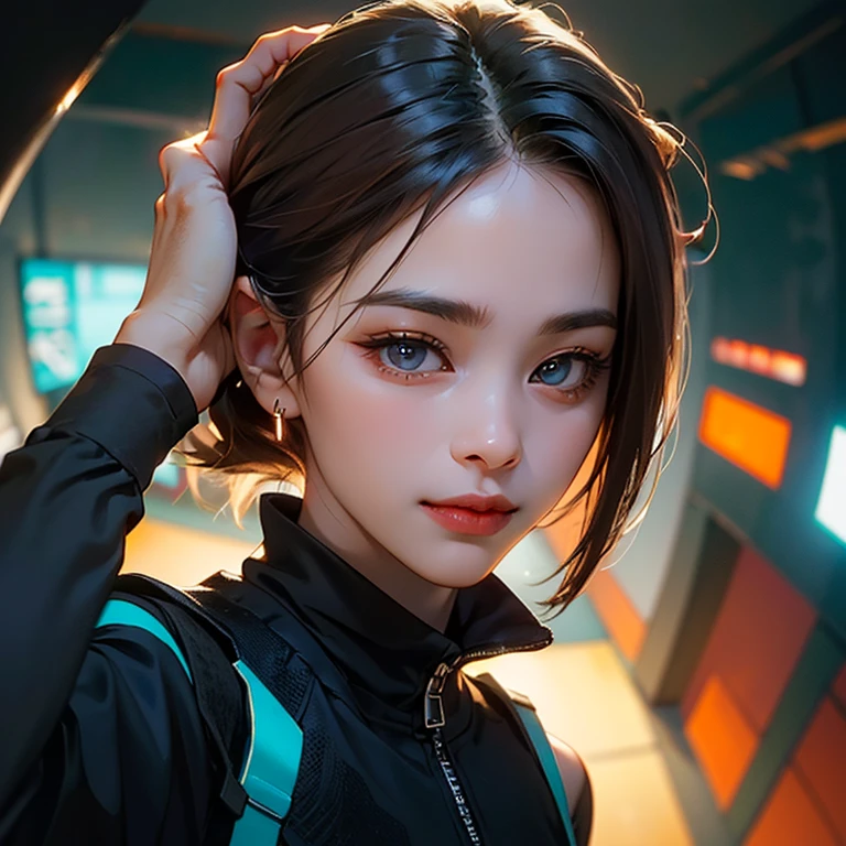 ( Masterpiece, best quality, cinematic lighting, backlit, side light, soft light, 35mm lens, fisheye:1.2 ), (( high angle shot overhead pov )), ( cyberpunk night street:1.2, extending hand towards abover her head pov overhead, looking at viewer), ryujin, narrow face, strong jaw, plump cheeks, cybernetic arm, dark hair with red highlights, thug smile, turquoise eyes, wearing drip ootd