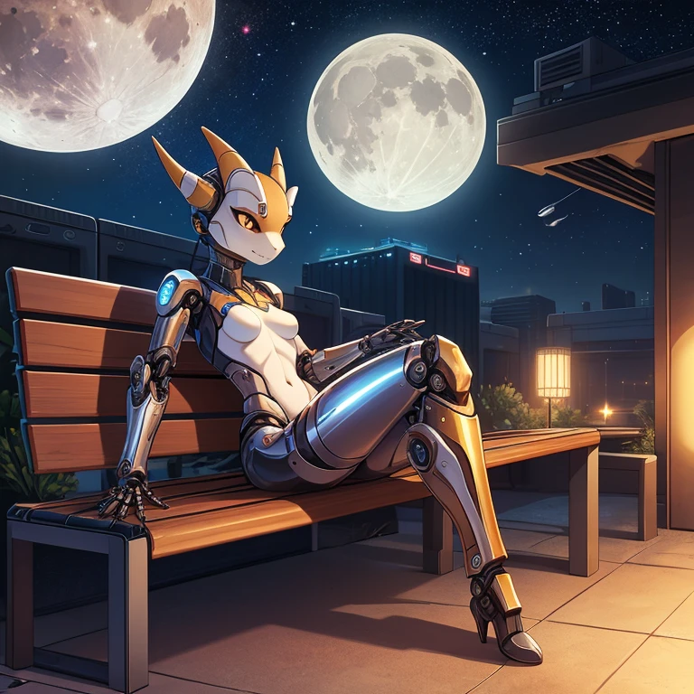 solo, female, young, no clothes, furry, anthro, kobold, robotic, android, metallic, shiny, glowing eyes, small breasts, slender body, curved thighs, legs open, sitting on bench, smiling face, mouth open, fangs showing, at night, in park, high quality, masterpiece