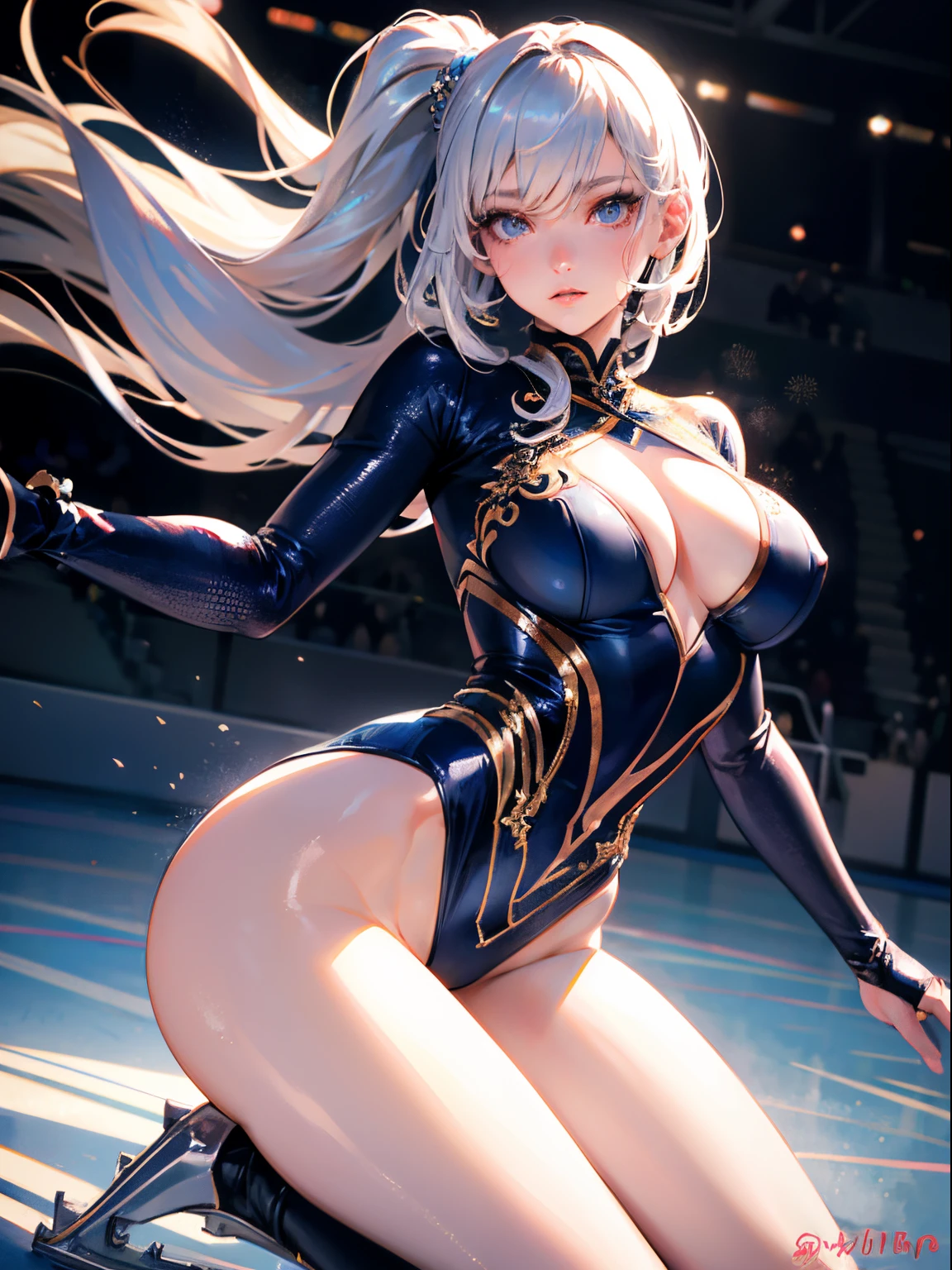 (Best Quality, masutepiece),ultra detailed photographic,1girl in, Female figure skaters,Large breasts,nice legs,At the figure skating venue,Detailed beautiful face,Detailed eyes,detailed hairs,detailed clothes,Detailed realistic skin,Cool,Dynamic Angle,