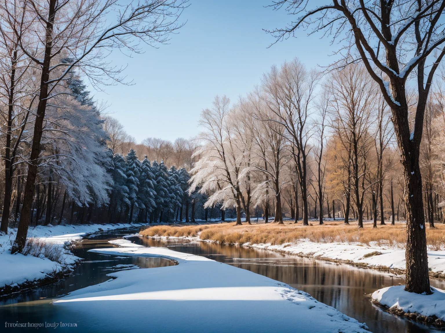 Winter scenery. Landscape of Masuria in Poland. Frozen river. There is snow in the area and rime on trees and bushes. Clear Sky Epic, brilliant, stunning, intricately detailed, dramatic, maximalist, digital painting