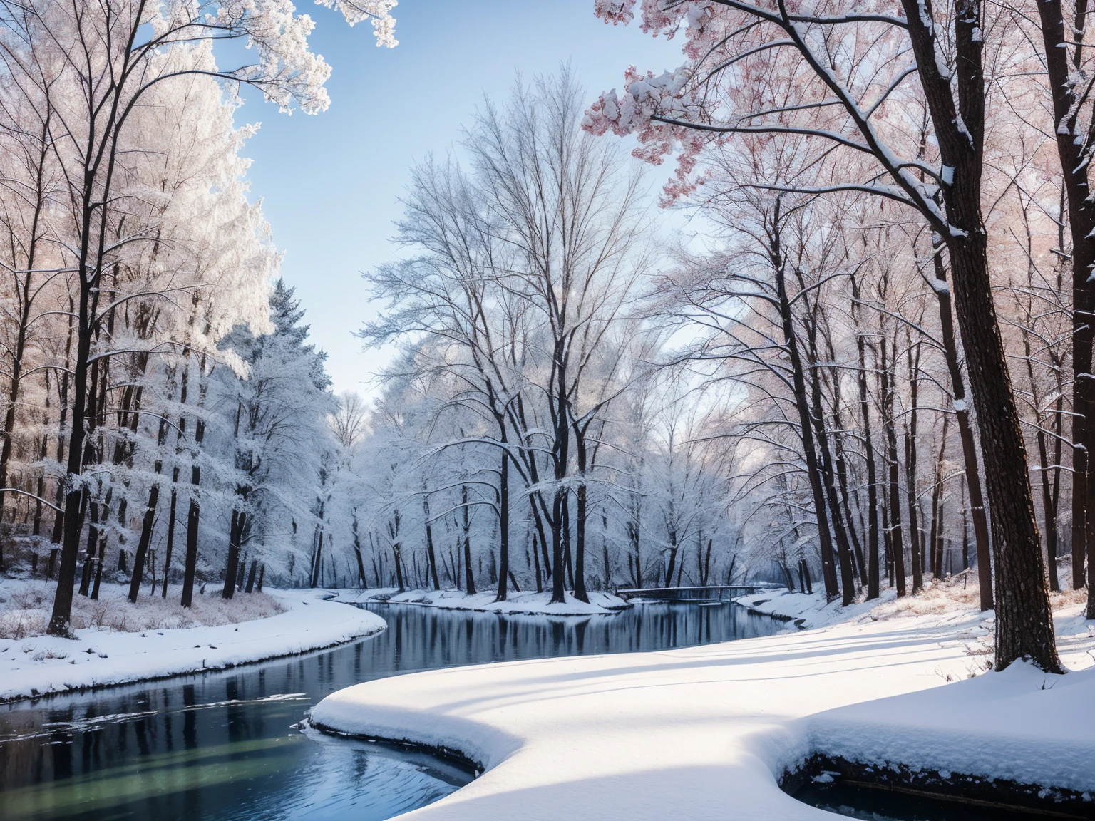 Winter scenery. Landscape of Masuria in Poland. Frozen river. There is snow in the area and rime on trees and bushes. Clear Sky Epic, brilliant, stunning, intricately detailed, dramatic, maximalist, digital painting