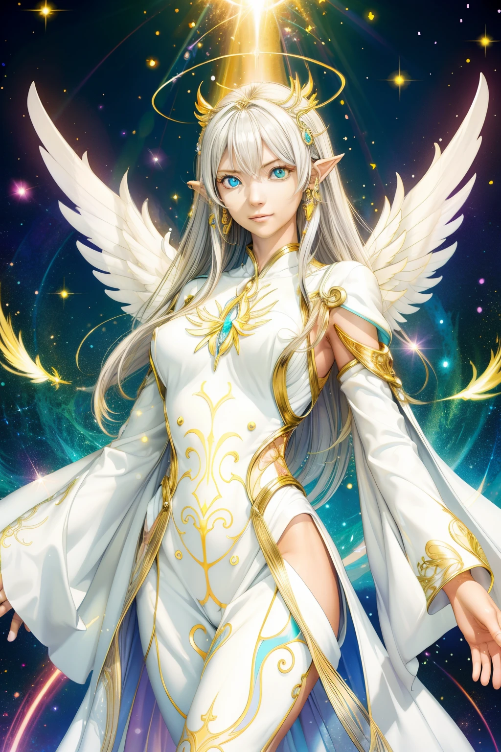 masutepiece, Best Quality, 1 person woman, Handsome, Tall muscular woman、 long hair in pastel colors, Fantasy, Complex pattern, Detailed face, Angel wings, Lens Flare, Colorful, Glow white particles, White robe, Gold bracelets and accessories, prisma, blazing, Glitter, Particle, bloom, I like to celebrate and have fun, Enjoy nature, Bright and optimistic outlook, Creative and adventurous, Represents happiness and harmony