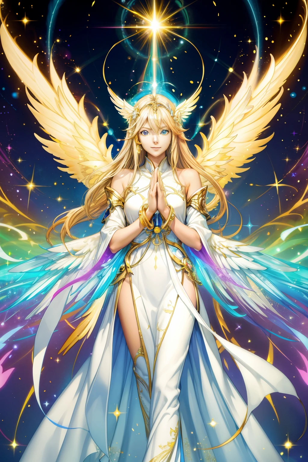 masutepiece, Best Quality, 1 person woman, Handsome, Tall muscular woman、 long hair in pastel colors, Fantasy, Complex pattern, Detailed face, Angel wings, Lens Flare, Colorful, Glow white particles, White robe, Gold bracelets and accessories, prisma, blazing, Glitter, Particle, bloom, I like to celebrate and have fun, Enjoy nature, Bright and optimistic outlook, Creative and adventurous, Represents happiness and harmony