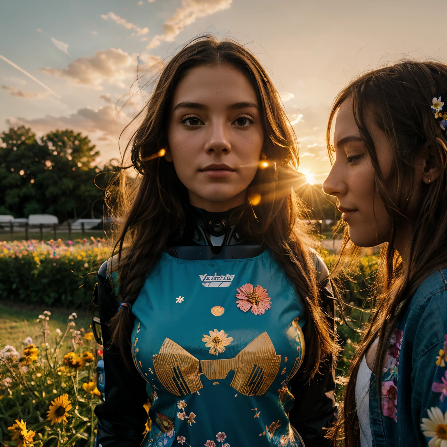 Robot next to a hippie girl with flowers at sunset with the sun behind