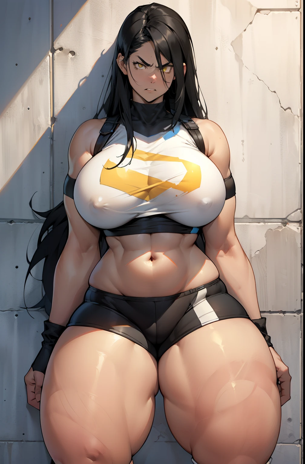 solo, 1 girl, (crop top and bike shorts), very long hair, black hair, angry, yellow eyeuscular))), ((huge tits)), ((((((thick thighs))))))), ((wide hips)), pale skin, against wall, concrete