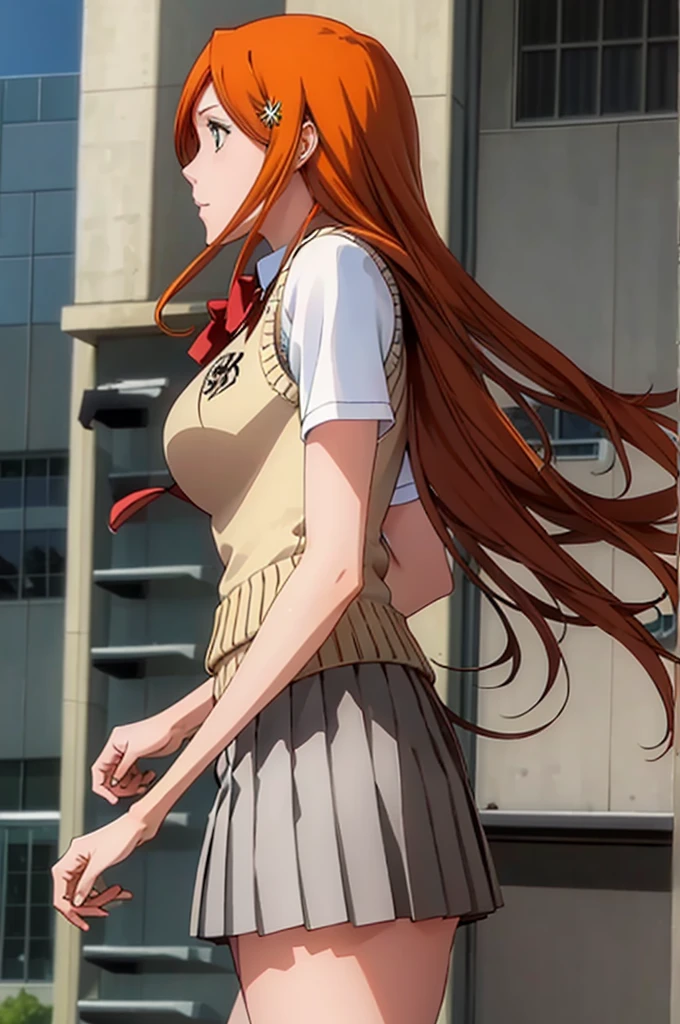 (best quality, ultra detailed), inoue orihime, orange hair, long hair, gray eyes, large breastsi, school uniform,hair ornament, sweater vest, pleated skirt, detalied background, outdoor