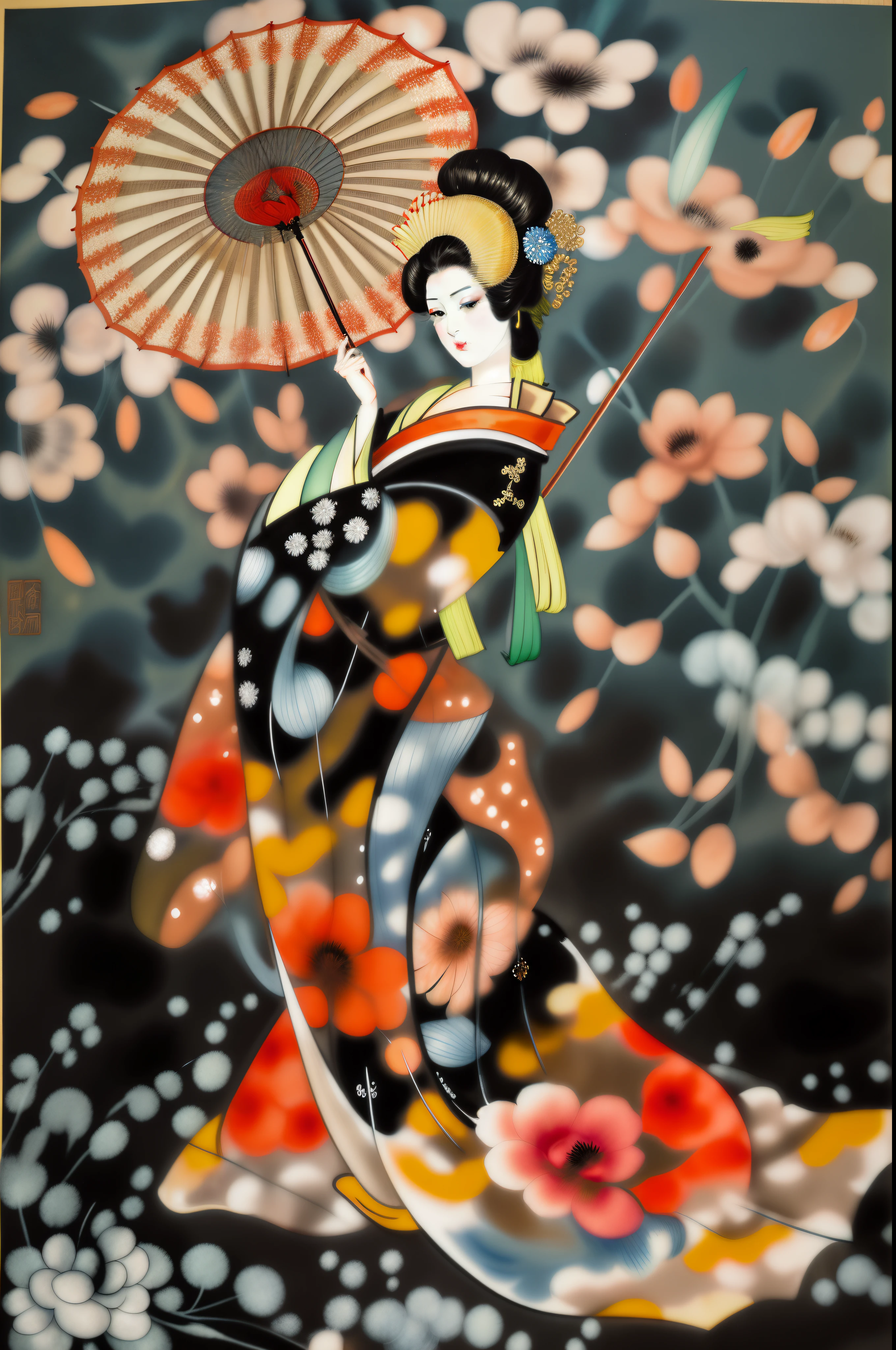 mulher arafa em um vestido quimono segurando um guarda-chuva, Gueixa primeira bailarina, Arte tradicional japonesa, Arte Japonesa, inspirado em Matsuno Chikanobu, Arte japonesa, japanese art style, gueixa japonesa, inspirado em Toyohara Chikanobu, by Kanō Tan'yū, inspirado em Utagawa Kunisada III, perfect face and perfect hands, NO DEFORMATION