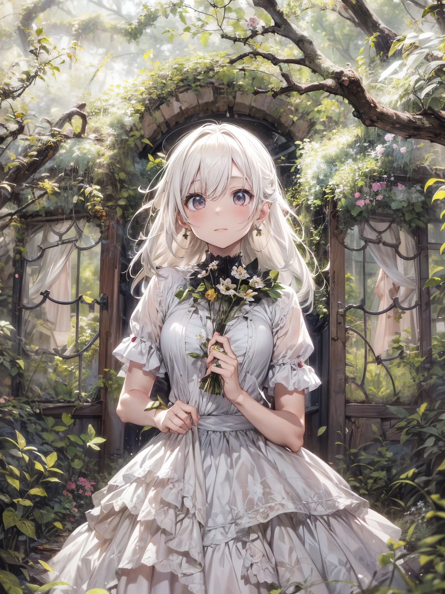 Base Layer: Begin with a scene of an abandoned garden hosting a tea party. The garden should appear overgrown and mysterious, with a sense of forgotten beauty. The background creates the first layer of depth with its intricate foliage and hidden, decaying structures. BREAK
Middle Layer: In the center of this scene, depict a portrait of an albino girl, radiating a mysterious aura. She should be the focal point, with her unique appearance standing out against the garden's wildness. Her long white hair, which seems to have lost its color, flows around her, and her jet black eyes gaze enigmatically at the viewer. BREAK
Foreground Layer: Dress the girl in a jet black neo-Victorian dress. The dress should have intricate layers of fabric, delicate lacework, and elaborate embellishments, creating a stark contrast with her pale skin and white hair. Accent her outfit with accessories and earrings based on black crosses, adding to her mysterious and enigmatic presence. BREAK
Overlay Layer: Overlay the entire scene with sunlight filtering through the trees. This light should cast both shadows and rays, adding depth and a dynamic quality to the screen. The light and shadow play should enhance the eerie yet peaceful ambiance of the abandoned garden. BREAK
Final Touches: Conclude the image with a sense of ominous peace. The overall feel should be tranquil yet subtly unsettling, combining the girl's serene demeanor with the wild, forgotten nature of the garden.