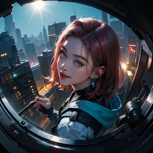 ( Masterpiece, best quality, cinematic lighting, backlit, side light, soft light, 75 mm lens, fisheye:1.2 ), (( high angle shot overhead pov )), ( cyberpunk night street:1.2, extending hand towards abover her head pov overhead, looking at viewer), ryujin, narrow face, strong jaw, plump cheeks, cybernetic arm, dark hair with red highlights, thug smile, turquoise eyes, wearing drip ootd