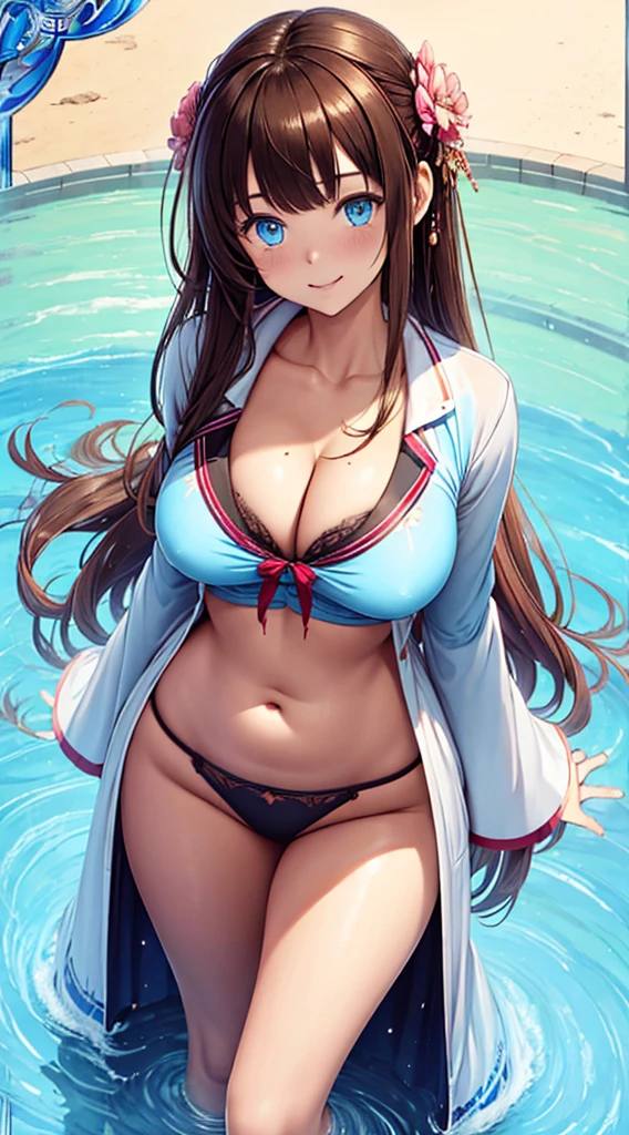 1 girl, anime-like, Bethel, blue eyes, moist eyes, chubby, big plump , long hair, brown hair, hair over one eye, bangs, one ear showing, large shirt, solo, shirtless Unbuttoned, cleavage, beautiful hands, flawless hands, white shirt, leaning forward, straight ahead, emphasizing the  with arms, smiling, (masterpiece), (highest quality), (super detailed), real background, golf, , Attractive sportswear, outdoor