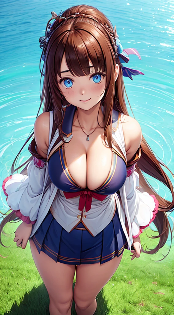 1 girl, anime-like, Bethel, blue eyes, moist eyes, chubby, big plump breasts, long hair, brown hair, hair over one eye, bangs, one ear showing, large shirt, solo, shirtless Unbuttoned, cleavage, beautiful hands, flawless hands, white shirt, leaning forward, straight ahead, emphasizing the chest with arms, smiling, (masterpiece), (highest quality), (super detailed), real background, golf, , Attractive sportswear, outdoor