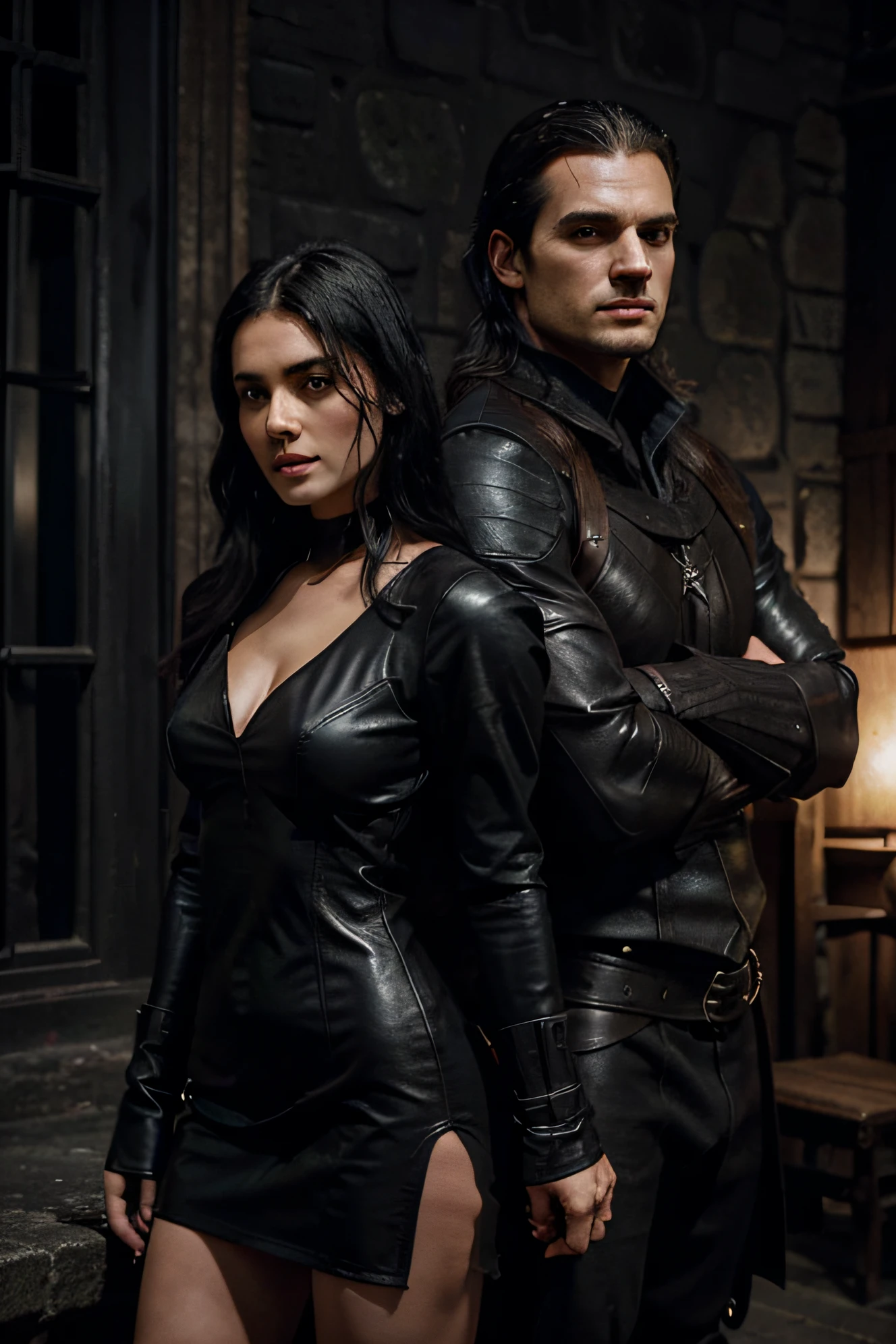 (duas pessoas), the first person is Henry Cavill as Geralt of Rivia, cabelos pretos, {cabelos pretos}, (com cabelos pretos), Vestindo armadura de couro preto, (armadura de couro preto), {armadura de couro preto)} , Ansioso, ao lado de Anya Chalotra como Yennefer de Vengerberg, usando um vestido preto decotado, (vestido preto decotado), {vestido preto decotado}, Ansioso, ambos olhando para a frente.