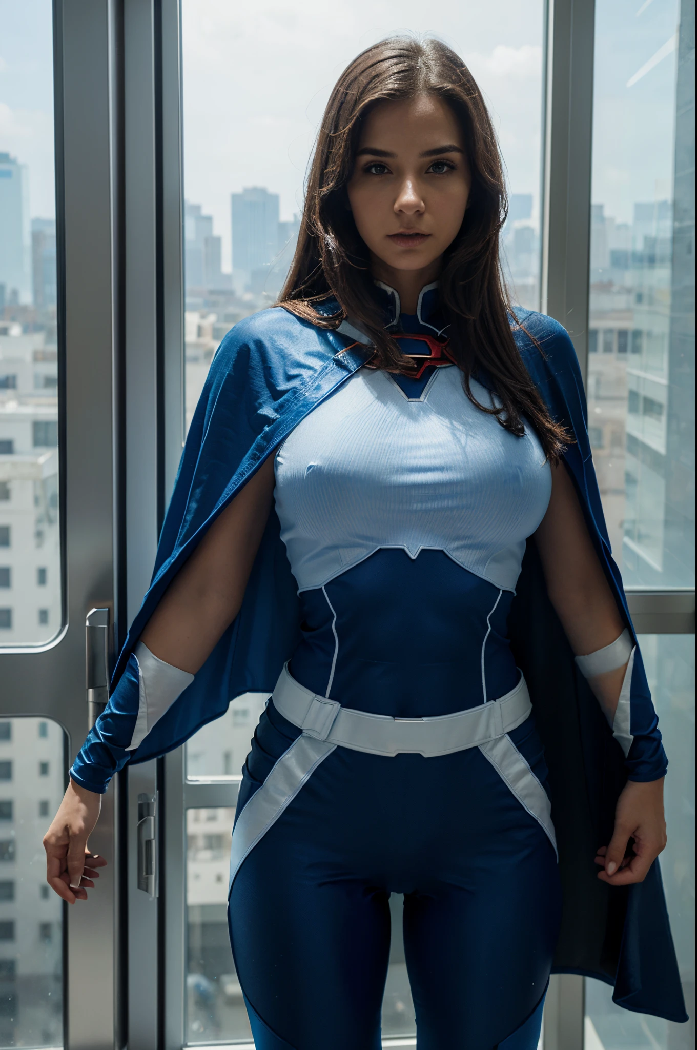 Gorgeous and sultry busty athletic (thin) brunette with sharp facial features and (huge breasts, big ass, bubble butt) wearing a white and gold superhero leotard, cape, gloves, thigh-high boots. Standing, city street.
