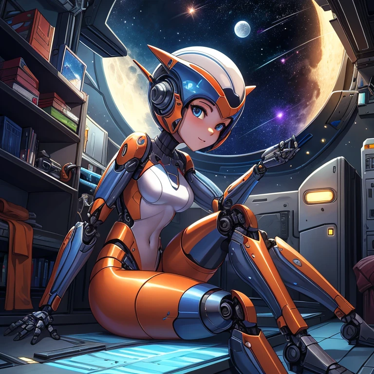 1girl hugging a black kitten, 25, mature face, smirk, 1980's style, long blue hair, yellow eyes(brightly glowing), sitting on spaceship pilot seat, topless, wearing red skintight pants and headset, LED lamps, neon details, sci-fi, ray gun Gothic aesthetic, from above, cosmos and stars outside spaceship window(highly detailed), absurdes, high res, chiaroscuro, ultrasharp, 8k, masterpiece, looking at viewer,