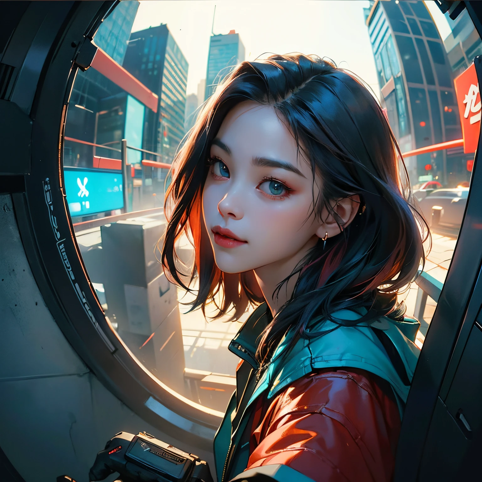 ( Masterpiece, best quality, cinematic lighting, backlit, side light, soft light, fisheye:1.2 ), high angle overhead pov, ( cyberpunk night street:1.2, extending hand towards pov overhead, looking at viewer), ryujin, narrow face, strong jaw,  plump cheeks, cybernetic arm, dark hair with red highlights, thug smile,  turquoise eyes, wearing drip ootd