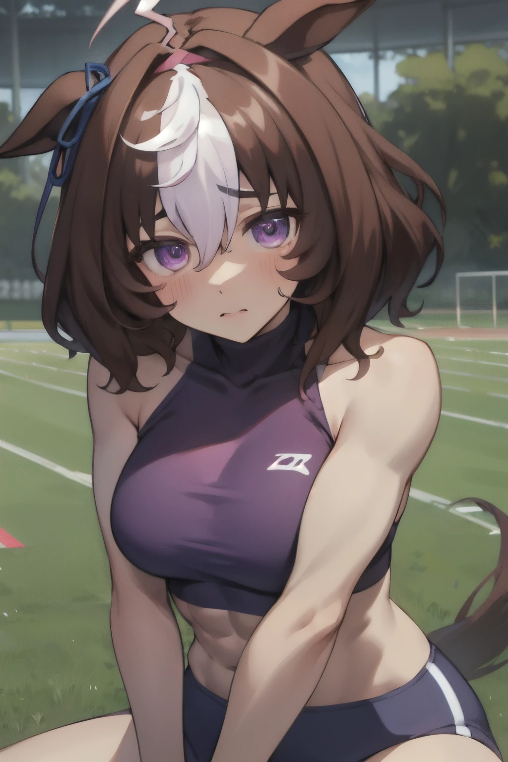 meisho doto\(umamusume\), ((ultra-detailed face)), masterpiece, best quality, symmetrical face, beautiful face, muscular, abs, rikujou, horse tail, large tits, gloomy, athletics track, hand between legs