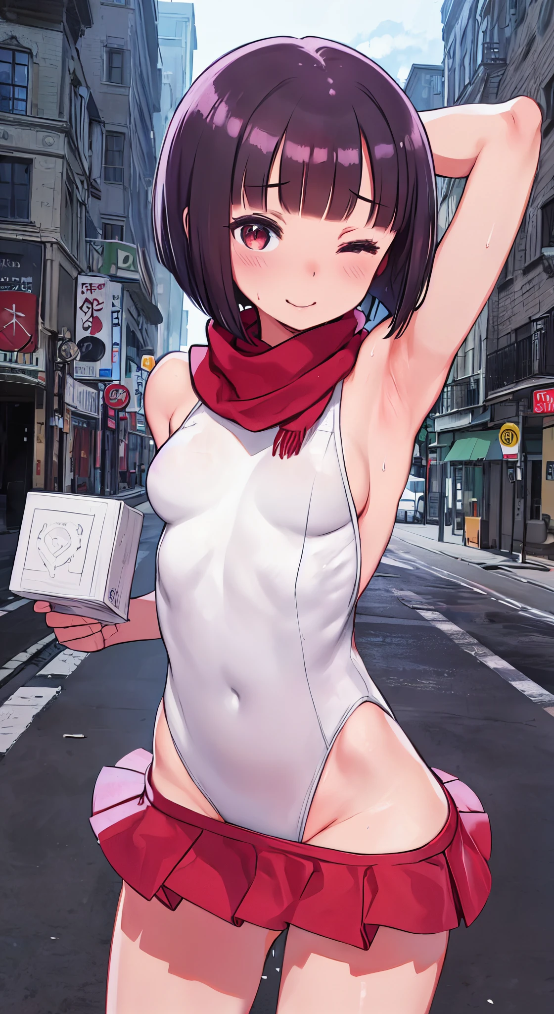 (Perfect body),Best Quality, K、((((Short stature))))、((((Lori))))、(white leotard)、(Red mini skirt)、(White panty)、(((blush)))、:D、One eye is closed、I have my mouth wide open、Blunt bangs、(short-hair)、(((bob cuts))),(Sweat)、((red scarf))、((Big ass))、(((huge-breasted)))、(((thick thighs)))、Armpits、In the street