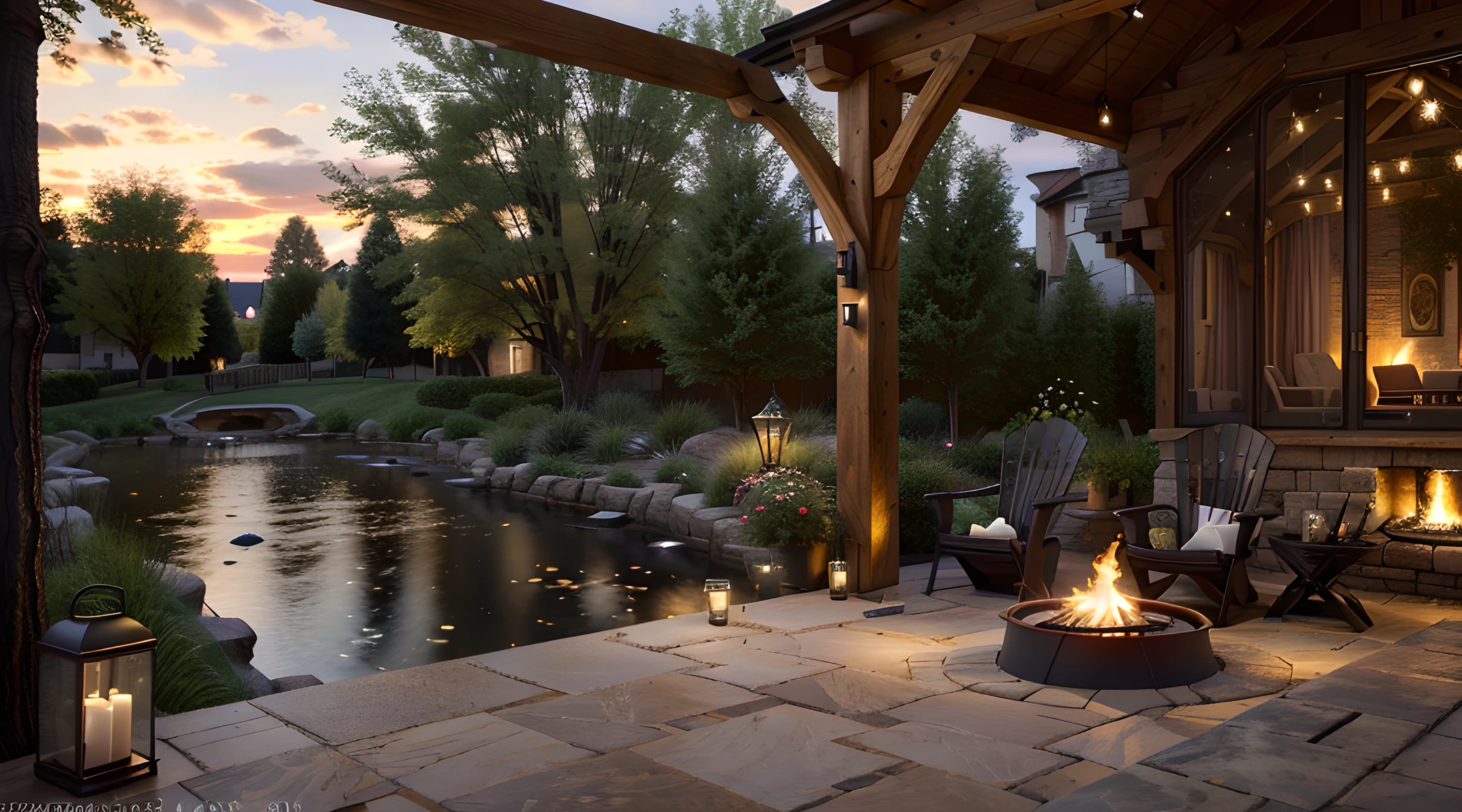 patio with arafe, Scutch, chairs and table, Cozy and calm atmosphere,cozy atmosphere in the village, photorealestic, Realistic, ultra realistis, 8k detail. Hyper-detailed scene, highly detailed scene, высокодетализированная среда,