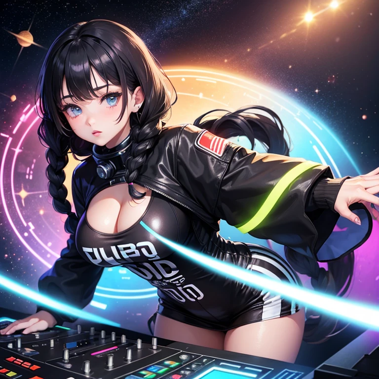 (FEMALE DJ), outer space, long black twin braids, neon streams, big boobs,