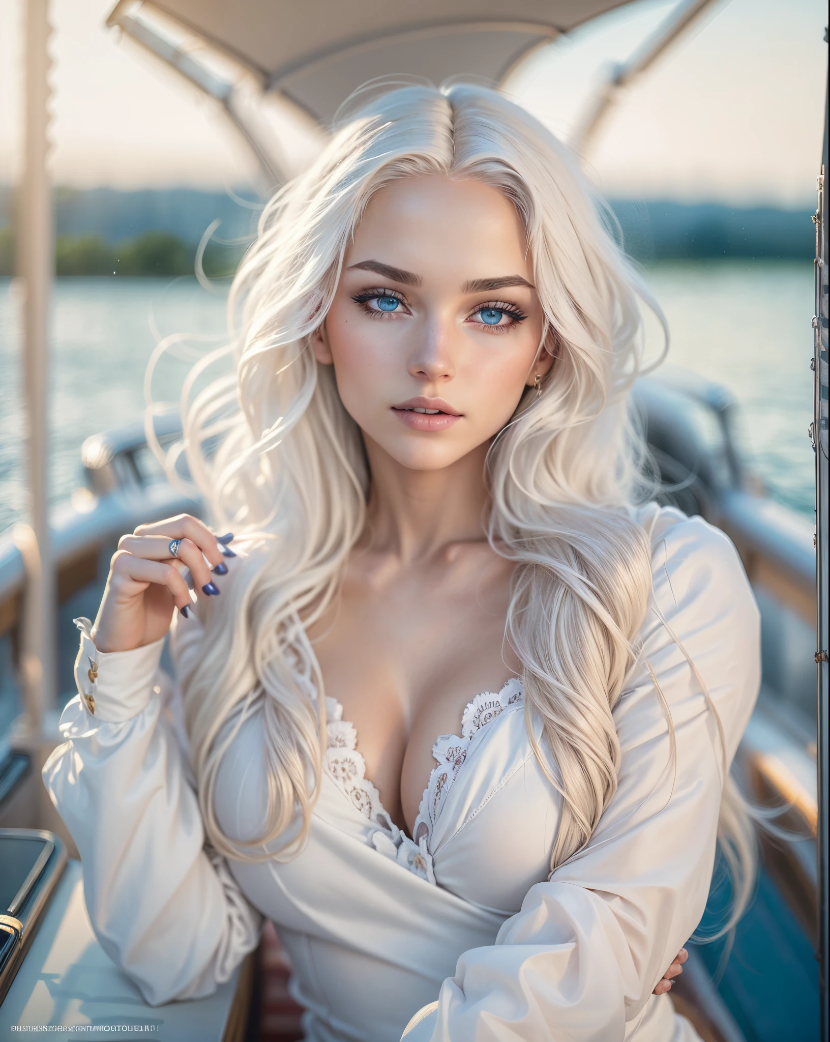 Pure white hair, Pure white hair, (waist length wavy hair), glowing hair, Detailed hair, Blue Eyes, beautidful eyes, extremely detailed eyes and face, Beautiful detailed eyes, Ultra-detailed, light on the face, (shiny lips 1.4), Fair skin, a 18 year old girl, (Idol makeup:1.2), Best Quality, The ultra-Highres, (Photorealistic:1.4), in 8k resolution, 1Girl, (Realistic hair:1.2), (American Girl:1.2), (photorealistic eyes:1.2), (Beauty face:1.3), Slim Body, White-glowing skin, large full breasts, cleavage, (Random expression:1.2), (Mile:1.3), (random costumes:1.3), (Take a selfie on a yacht:1.3), Kodak Ektar 200