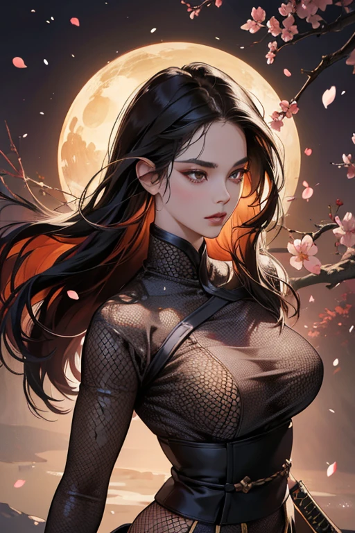 (best quality,4k,8k,highres,masterpiece:1.2),ultra-detailed,(realistic,photorealistic,photo-realistic:1.37),sexy oriental girl ninja with a mask,detailed eyes and lips,sleek black hair flowing in the wind,athletic and fit physique,confident expression,nude ,fishnet stockings,thigh-high leather boots,dual katana swords glimmering with intricate engravings,mysterious fog surrounding her,ancient Japanese-inspired garden background,subtle cherry blossom petals drifting through the air,vivid color palette with deep reds and rich golds,dramatic lighting casting shadows on her face and body,subtle highlights accentuating her curves,enhanced contrast to bring out the details,striking composition focused on her powerful stance and alluring gaze