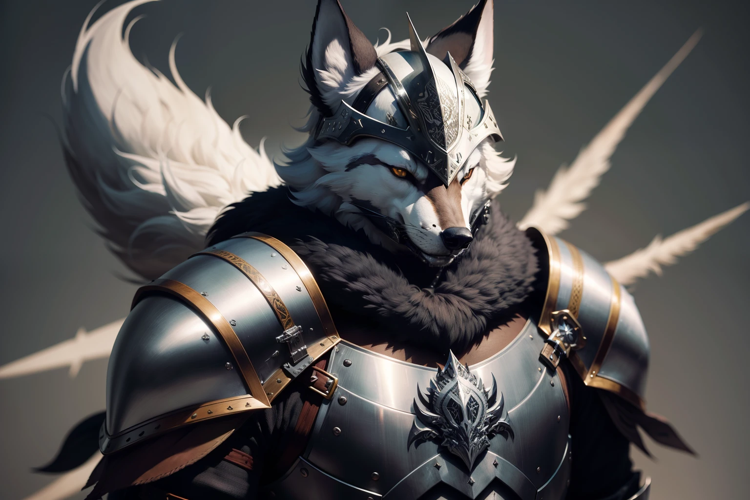Un hombre con armadura,En su hombro hay un lobo, Husky con armadura brillante, Armadura de lobo, Armadura inspirada en Kitsune, usando una intrincada armadura de piel, Armadura de piel, Retrato de personaje peludo, Usando armadura de piel, furry fantasy art, Arte de Silverfox, cubierto con una armadura plateada completa, Usa armadura palaciega, fantasy wolf portrait, anthropomorphic wolf