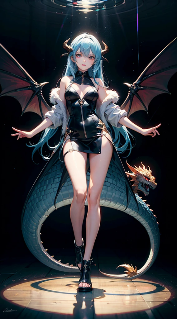 Absurd resolution, high resolution, (masterpiece: 1.4), super detailed, Depict an 18-year-old dragon girl radiating allure. NO wings, long, flowing, colorful blue hair cascading down her beautiful body. Emphasize her captivating eyes, drawing attention to their alluring gaze. Include a distinctive blue tail, complementing her overall aesthetic. Capture her in a full-body composition that highlights both her dragon essence and irresistible charm. blue hair, long hair, slighy tan.