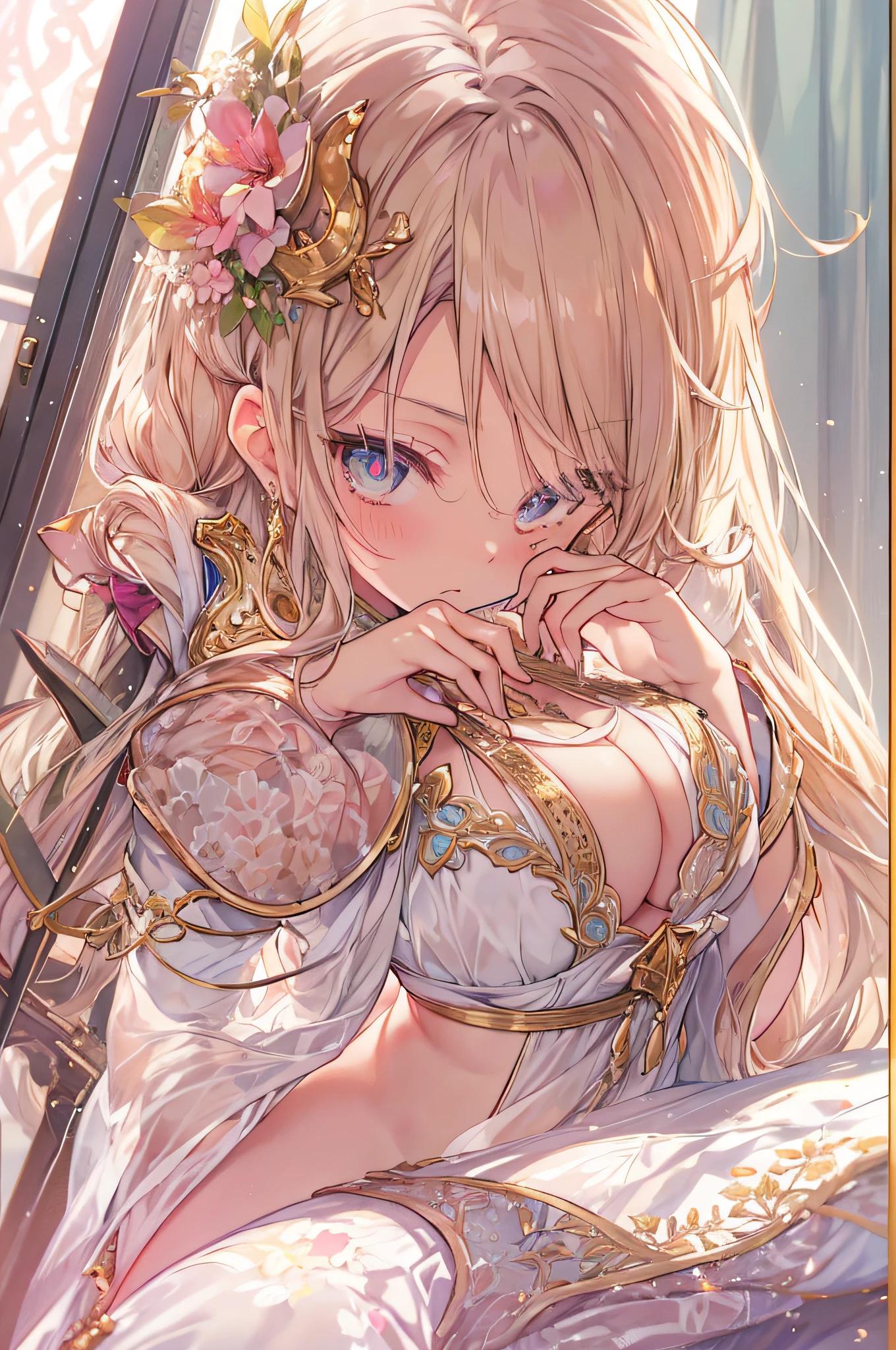 Filles, cheveux longs blonds et roses, detailled eyes, dorées and flamboyant pupils, grosse poitrine, clivage, robe de nuit sexuelle, crescent earrings, flower hairpin, Descendre les escaliers, coucher de soleil, Au lit, lying at the bed, Lens rash abuse, aberration chromatique, High detail, Anime, romantisme, op art, profondeur de champ, Flou de mouvement, glowing light, grain du film, UHD, retina, Precise, Masterpiece, anatomiquement correct, textured skin, super detail, High Details, High quality, award winning, Best quality, high resolucion, 16k