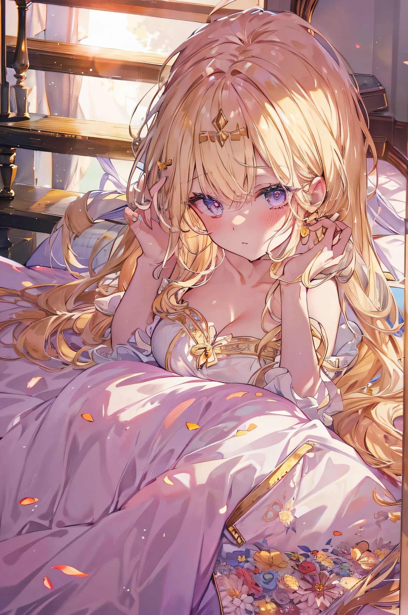 Filles, cheveux longs blonds et roses, detailled eyes, dorées and flamboyant pupils, grosse poitrine, clivage, robe de nuit sexuelle, crescent earrings, flower hairpin, Descendre les escaliers, coucher de soleil, Au lit, lying at the bed, Lens rash abuse, aberration chromatique, High detail, Anime, romantisme, op art, profondeur de champ, Flou de mouvement, glowing light, grain du film, UHD, retina, Precise, Masterpiece, anatomiquement correct, textured skin, super detail, High Details, High quality, award winning, Best quality, high resolucion, 16k