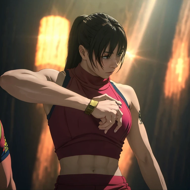 A female professional wrestler, changing clothes in the locker room after a match, with a sense of fatigue. The spotlight illuminates the room, creating dramatic shadows. The wrestler is in the process of taking off her sweaty clothes. The color tone is intense and vibrant, emphasizing the energy and intensity of the wrestling world. The artwork should showcase the realistic details of the wrestler's physique, including her muscles, expressions, and body language. The prompt should also include a high-quality image tag such as "(best quality, 4k)", and highlight the fine details with tags like "ultra-detailed" and "extreme detail description". The art style can be a mix of concept art and photography, capturing both the rawness of the wrestling arena and the artistic interpretation of the scene.
