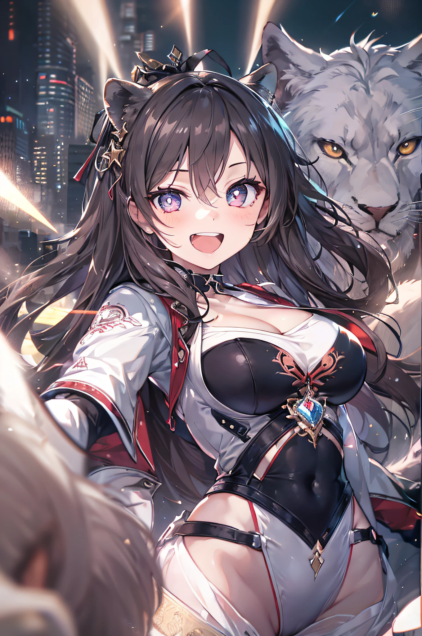 Filles, cheveux longs noirs et blancs, detailled eyes, star-shaped pupils, animal ears, queues d'animaux, grosse poitrine, clivage, tenue de combat fantastique, ventre ouvert, sourire sur le visage, je peux voir la dent, semble agressif, épingle à cheveux de lion, jour, Lens rash abuse, aberration chromatique, High detail, Anime, romantisme, op art, profondeur de champ, Flou de mouvement, glowing light, grain du film, UHD, retina, Precise, Masterpiece, anatomiquement correct, textured skin, super detail, High Details, High quality, award winning, Best quality, high resolucion, 16k