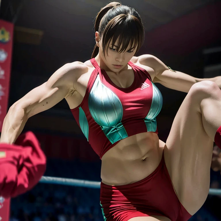 professional female wrestler, Change clothes in the locker room after the game, with a feeling of fatigue. Spotlight illuminates the room, Creating dramatic shadows. The wrestler is in the process of taking off his sweaty clothes.. The colors are deep and vivid, Highlighting the energy and intensity of the wrestling world. Artwork must show realistic details of the wrestler's physique, including her muscles, expressions, and body language. The prompt has a、You should also include a high quality image tag such as highest quality。, 4K)", Highlight details using tags like。 "Ultra-detailed" And "extreme detail description". Art style can be a combination of concept art and photography, wrestling arena live々Capture both the beauty and artistic interpretation of the scene.