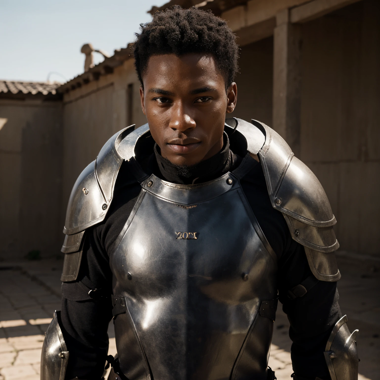 Photorealism African-American male, 20 years old, high resolution, 8K wearing a dark armor