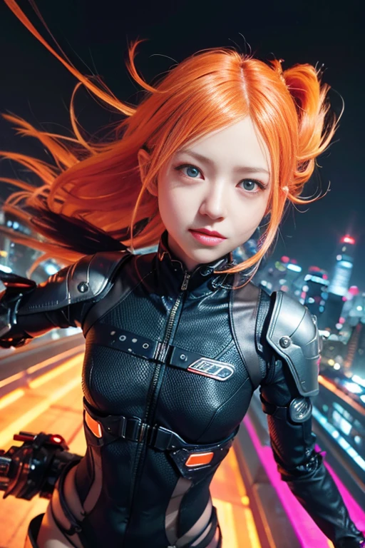 (SFW), Intricate details, 1girl in, Night, (Bright neon color), ((Fly over futuristic cyberpunk city)), Detailed background, (Little Cyborg Girl, ((cute perfect face, bright glowing red eyes)), (Perfect Anatomy, petite perky breasts), (Ridiculously long gradient orange and white hair, hair blowing in wind)), Detailed ribbed impossible bodysuit, Shoulder Armor, Cybernetic limbs, Dynamic Angle,